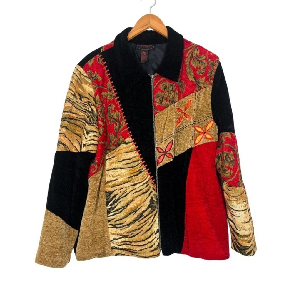 Entice Patchwork Tapestry Jacket L Boho Art Deco Chenille Zip Front Lined Y2K